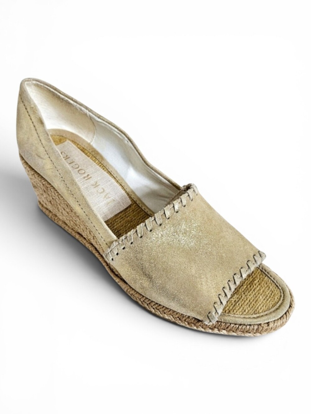 Jack Rogers Espadrille Wedges Size 7 Palmer Leather Whipstitch Platinum Metallic